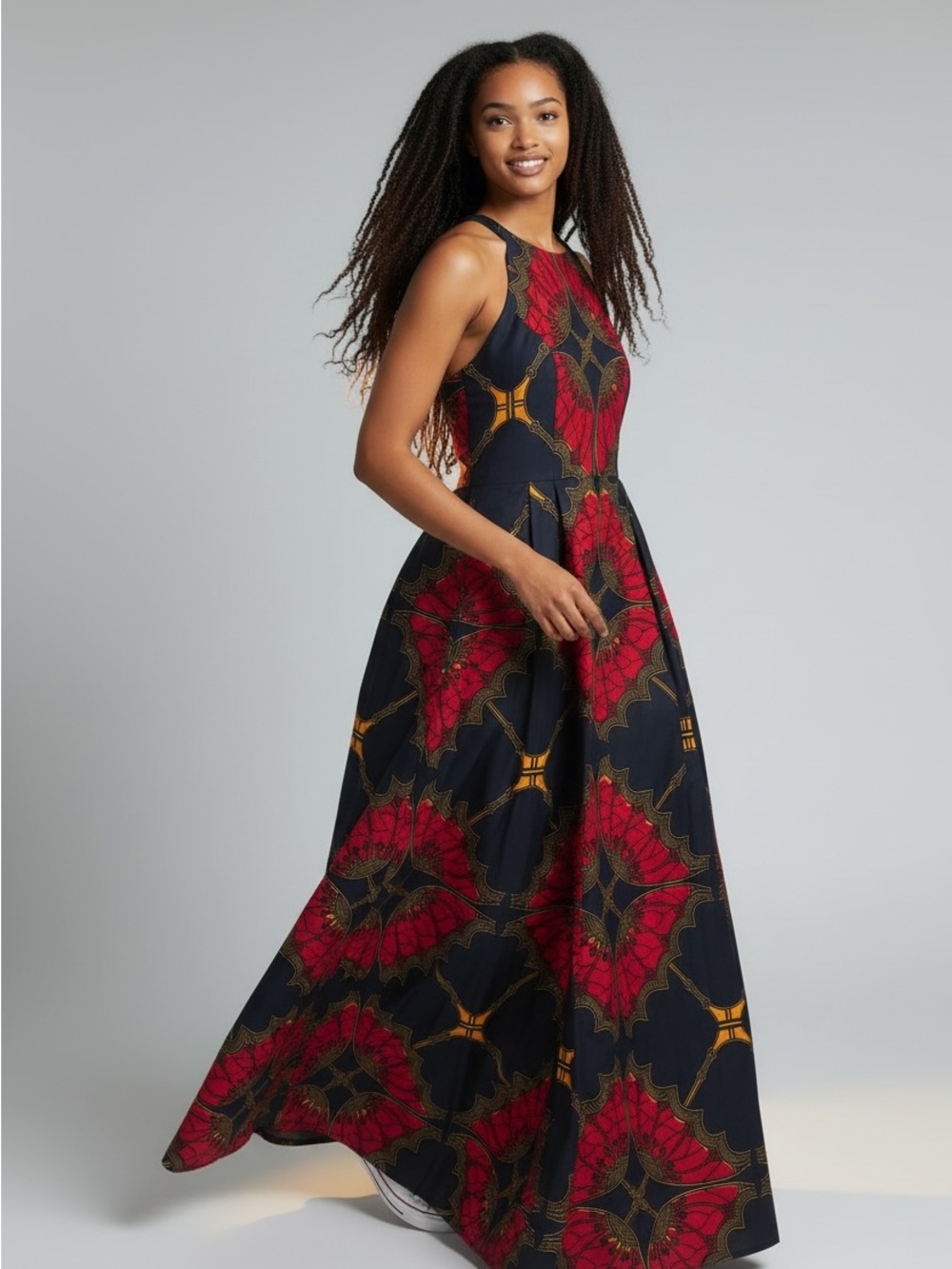 Sleeveless Red and Black Patterned Maxi Dress with Gold Accents - Picture 2 of 5
